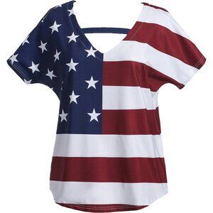 Womens V-Neck American Flag Short Sleeve Tee Plus Size Casual Tops